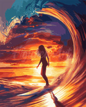Laden Sie das Bild in den Galerie-Viewer, Diamond Painting - Surfmädchen und die große Welle – 40 x 50 cm auf Keilrahmen gespannt