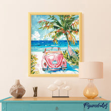 Laden Sie das Bild in den Galerie-Viewer, Diamond Painting - Rosa Auto am Meer – 40 x 50 cm auf Keilrahmen gespannt