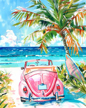 Laden Sie das Bild in den Galerie-Viewer, Diamond Painting - Rosa Auto am Meer – 40 x 50 cm auf Keilrahmen gespannt