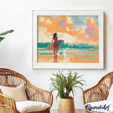 Laden Sie das Bild in den Galerie-Viewer, Diamond Painting - Surfmädchen im Morgengrauen – 40 x 50 cm auf Keilrahmen gespannt