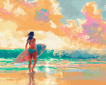 Laden Sie das Bild in den Galerie-Viewer, Diamond Painting - Surfmädchen im Morgengrauen – 40 x 50 cm auf Keilrahmen gespannt