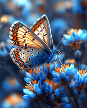 Laden Sie das Bild in den Galerie-Viewer, Diamond Painting - Schmetterling und blaue Blumen – 40 x 50 cm auf Keilrahmen gespannt