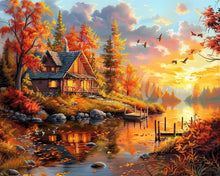 Laden Sie das Bild in den Galerie-Viewer, Diamond Painting - Herbstsonnenuntergang bei der Hütte – 40 x 50 cm auf Keilrahmen gespannt