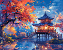 Laden Sie das Bild in den Galerie-Viewer, Diamond Painting - Pagode in einer Herbstnacht – 40 x 50 cm auf Keilrahmen gespannt