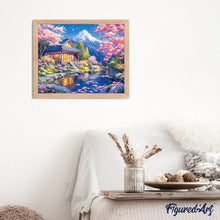 Laden Sie das Bild in den Galerie-Viewer, Diamond Painting - Kirschbüten Haus am Teich – 40 x 50 cm auf Keilrahmen gespannt