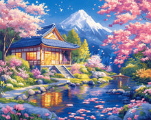 Laden Sie das Bild in den Galerie-Viewer, Diamond Painting - Kirschbüten Haus am Teich – 40 x 50 cm auf Keilrahmen gespannt