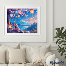 Laden Sie das Bild in den Galerie-Viewer, Diamond Painting - Mädchen, Laternen und Mount Fuji – 40 x 50 cm auf Keilrahmen gespannt