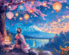 Laden Sie das Bild in den Galerie-Viewer, Diamond Painting - Mädchen, Laternen und Mount Fuji – 40 x 50 cm auf Keilrahmen gespannt