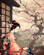 Laden Sie das Bild in den Galerie-Viewer, Diamond Painting - Vintage-Kimono-Dame mit Kirschbüten – 40 x 50 cm auf Keilrahmen gespannt