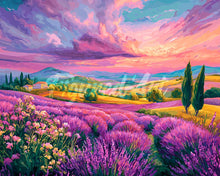 Laden Sie das Bild in den Galerie-Viewer, Diamond Painting - Lavendelhügel bei Sonnenuntergang