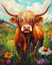 Laden Sie das Bild in den Galerie-Viewer, Diamond Painting - Highland Cow Wildblumen Porträt