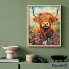 Laden Sie das Bild in den Galerie-Viewer, Diamond Painting - Highland Cow Blumen Porträt