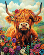 Laden Sie das Bild in den Galerie-Viewer, Diamond Painting - Highland Cow Blumen Porträt
