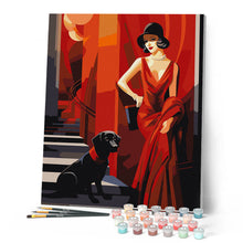 Laden Sie das Bild in den Galerie-Viewer, Art-Deco-Frau mit ihrem Hund