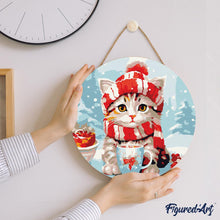 Laden Sie das Bild in den Galerie-Viewer, Malen nach Zahlen auf Holzscheibe - Niedliche Katze mit rotem Schal