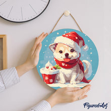Laden Sie das Bild in den Galerie-Viewer, Malen nach Zahlen auf Holzscheibe - Weihnachtswelpe