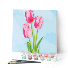 Laden Sie das Bild in den Galerie-Viewer, Mini Malen nach Zahlen mit Rahmen 20x20cm - Tulpen und blauer Himmel