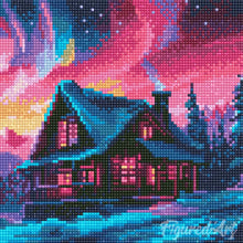 Laden Sie das Bild in den Galerie-Viewer, Mini Diamond Painting 25 x 25 cm - Haus unter dem Nordlicht-Himmel