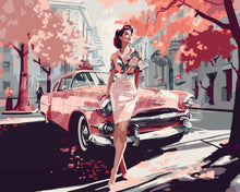 Laden Sie das Bild in den Galerie-Viewer, Malen nach Zahlen Figured'Art – Dame mit Rosa Oldtimer