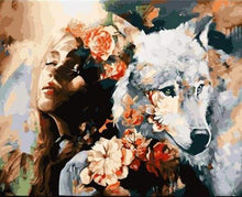 Laden Sie das Bild in den Galerie-Viewer, Malen nach Zahlen für Erwachsene | Frau und weißer Wolf | Figured'Art